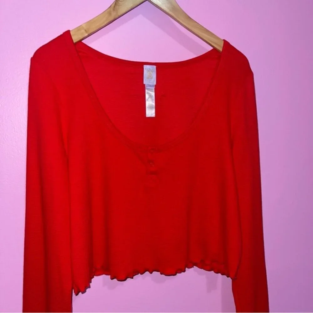 Savage X Fenty Long Sleeve Crop Women's Size‎ 1X Goji Berry Red Waffle Sleepwear